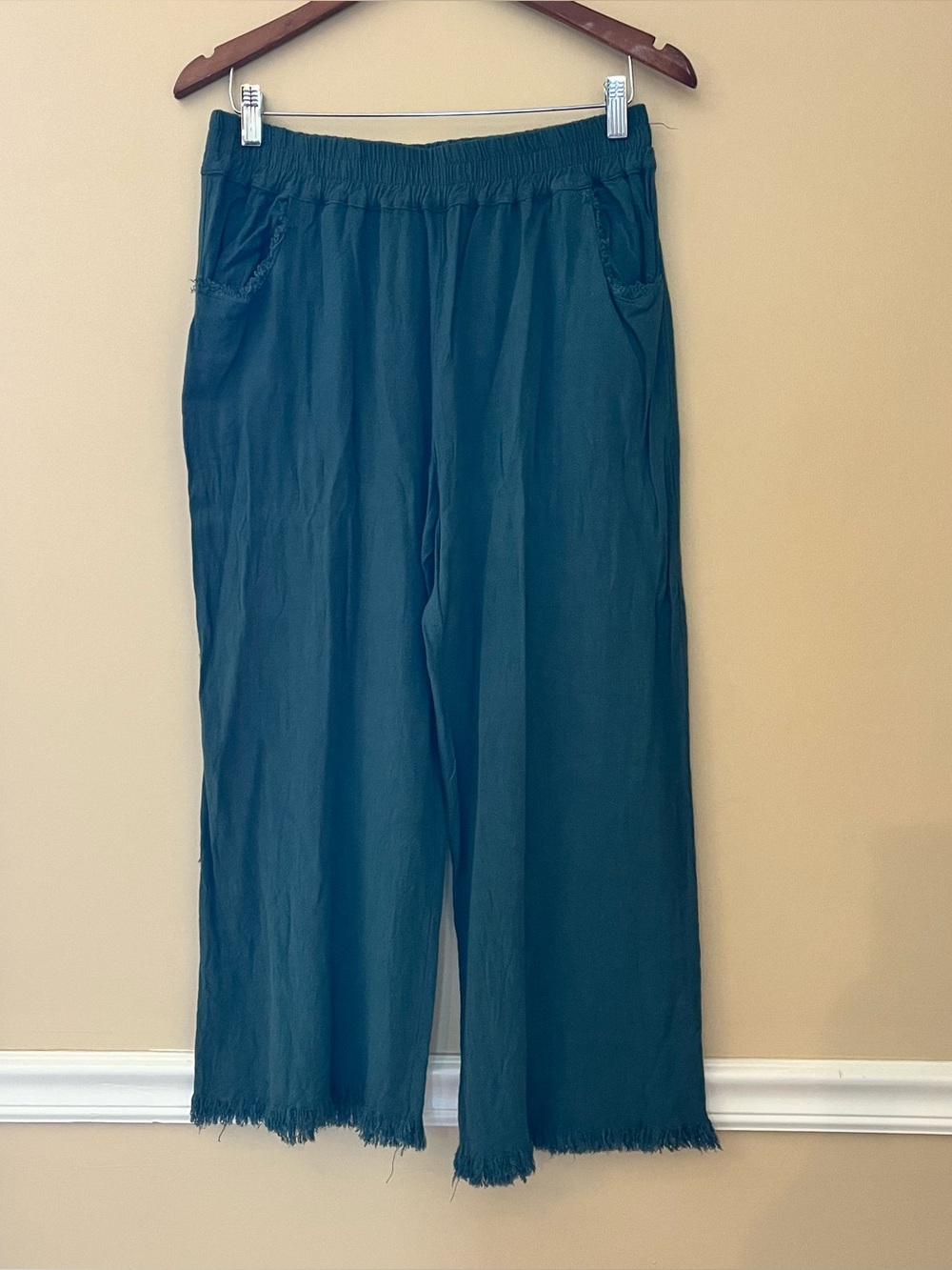 Umgee Women’s Green Frayed Hem Wide-Leg Linen Blend Pants Hippie Boho M